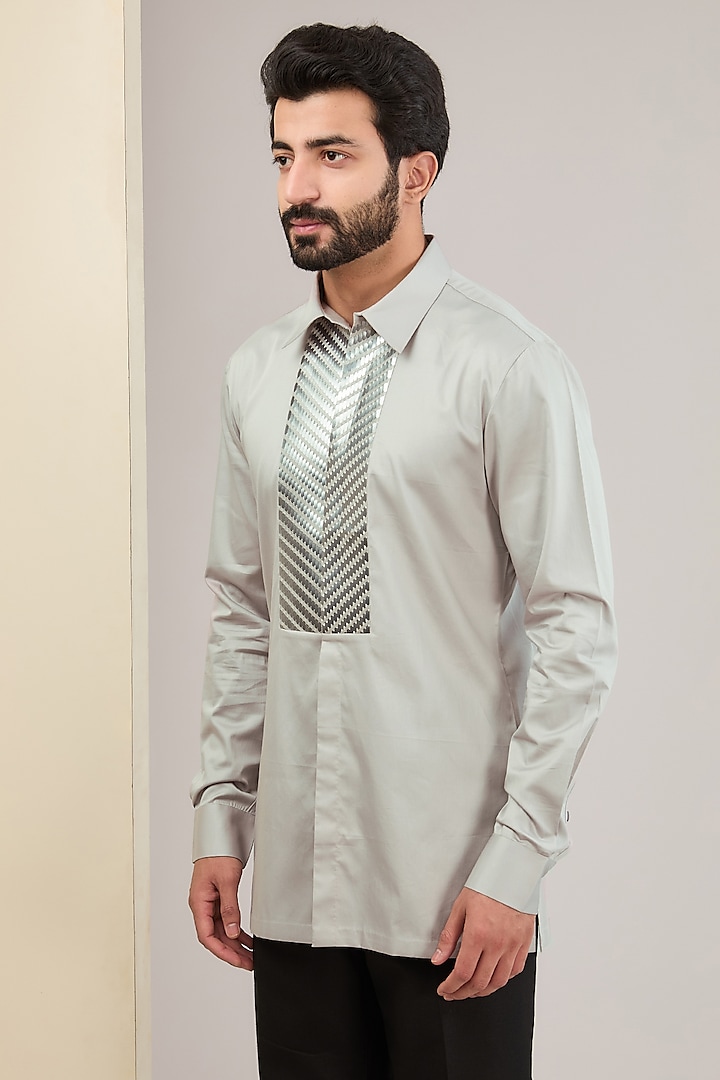 Grey Cotton Satin Wedding Shirt by Amit Aggarwal Men at Pernia's Pop Up Shop