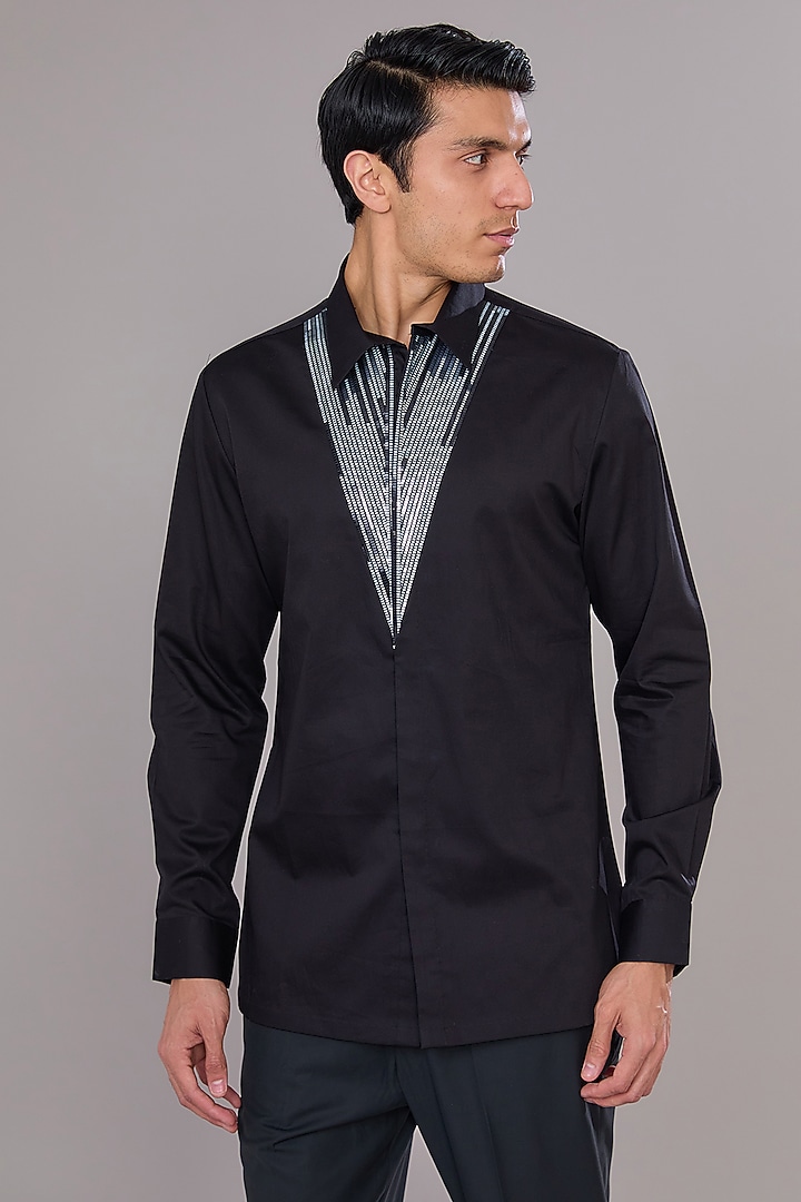 Black Cotton Satin Wedding Shirt by Amit Aggarwal Men at Pernia's Pop Up Shop