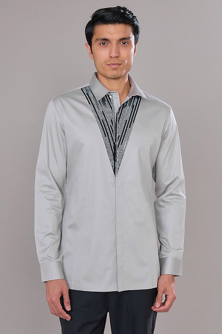 Grey Cotton Satin Shirt by Amit Aggarwal Men at Pernia's Pop Up Shop