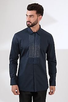 Navy Cotton Satin Structured Shirt by Amit Aggarwal Men-POPULAR PRODUCTS AT STORE