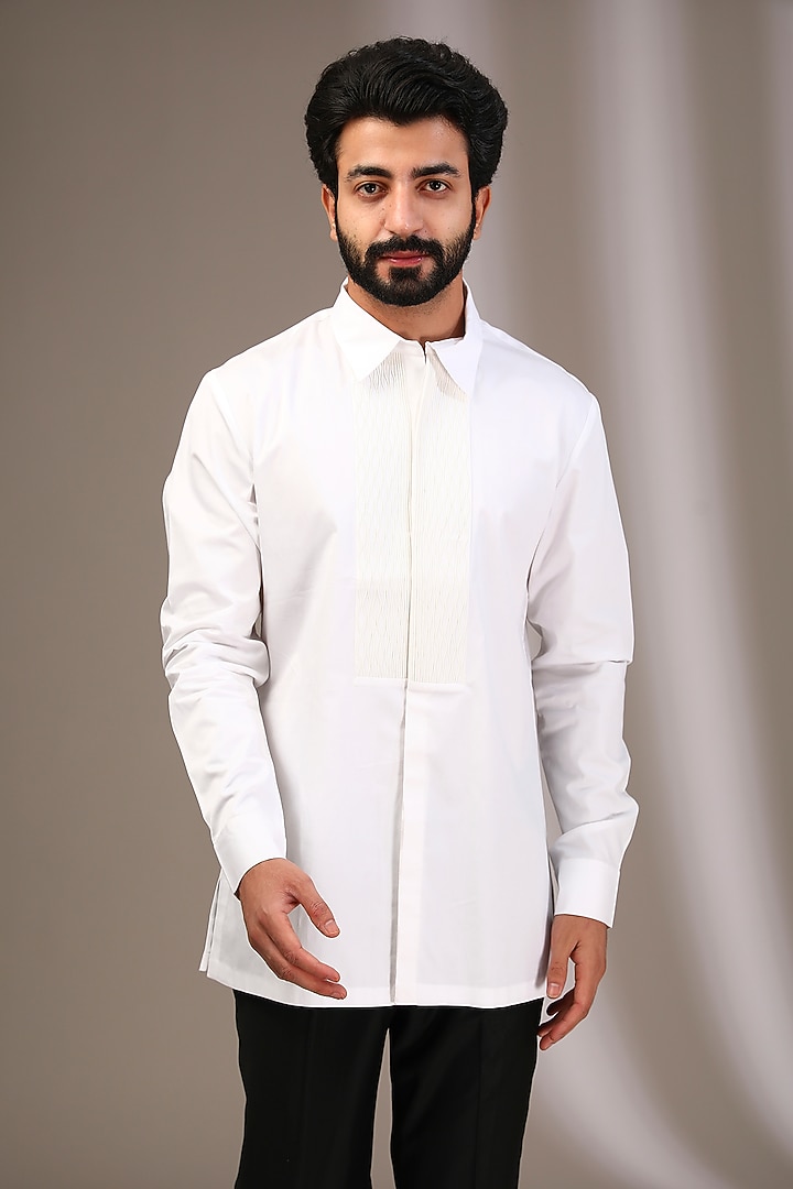 White Cotton Satin Metallic Polymer Handwoven Shirt by Amit Aggarwal Men at Pernia's Pop Up Shop