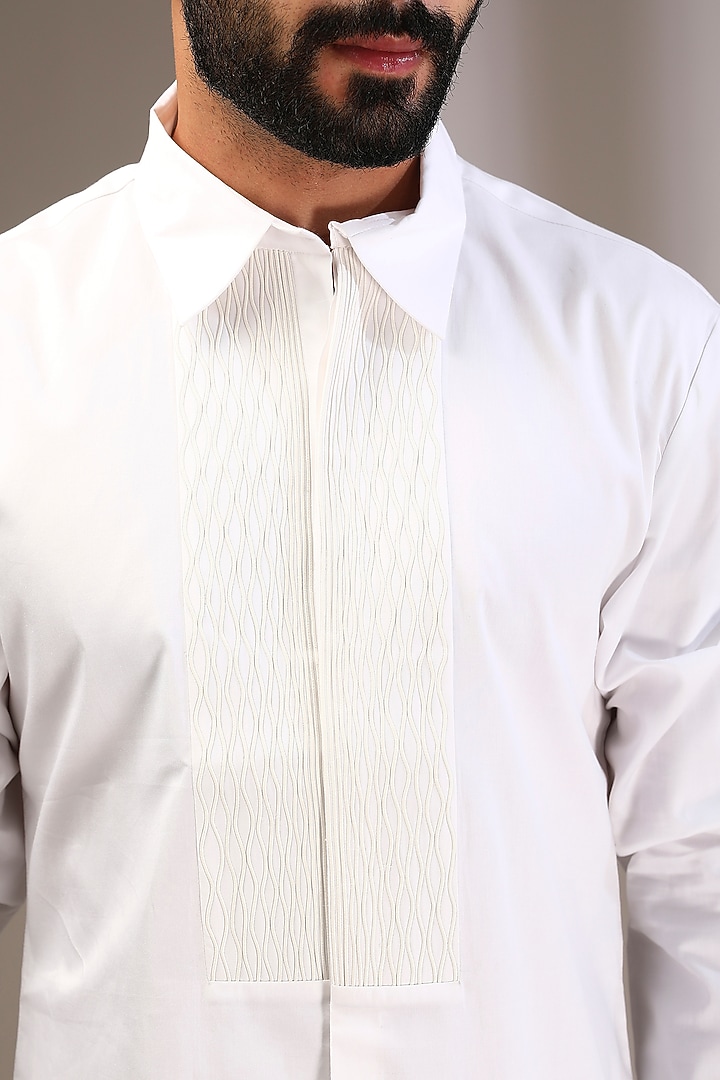 White Cotton Satin Metallic Polymer Handwoven Shirt by Amit Aggarwal Men at Pernia's Pop Up Shop