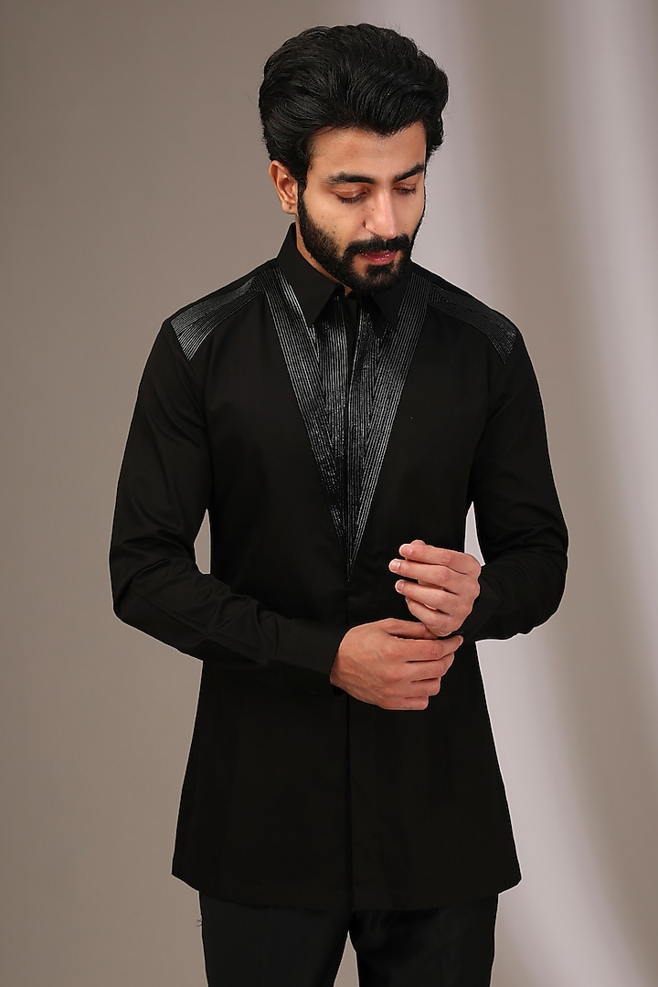 Black Cotton Satin Wedding Shirt by Amit Aggarwal Men at Pernia's Pop Up Shop
