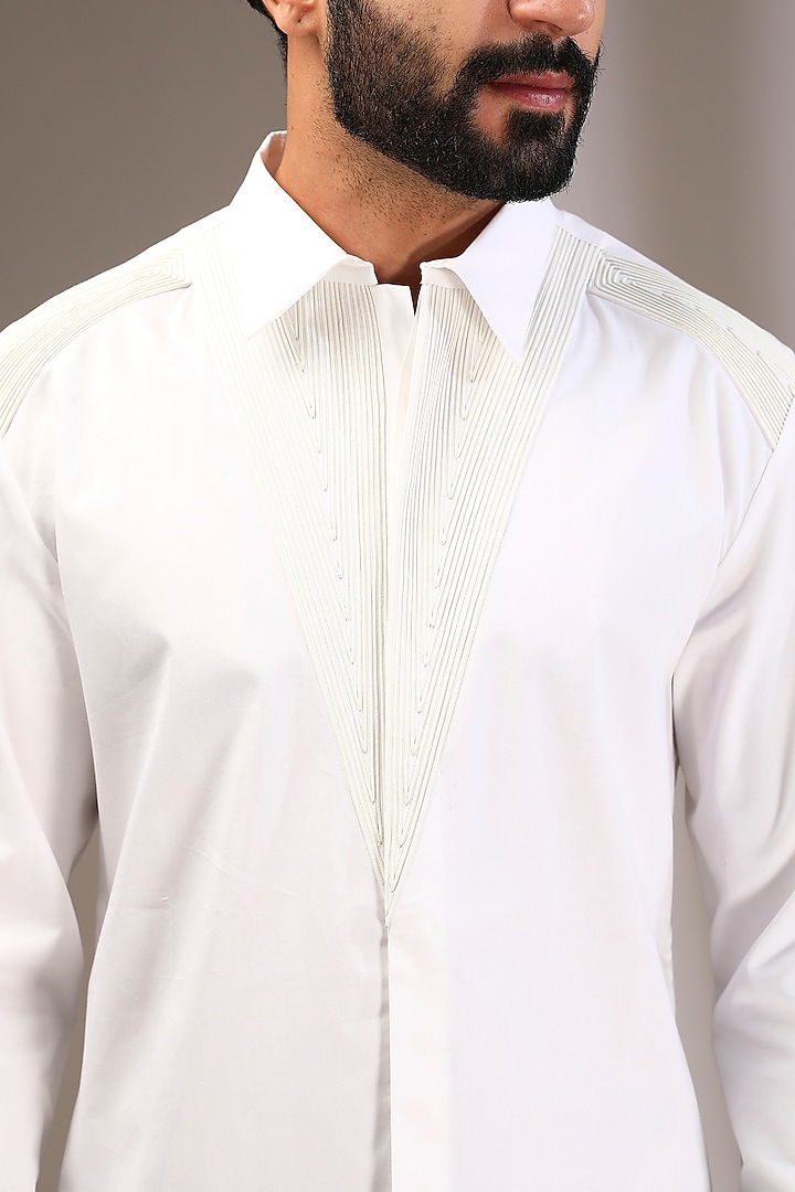 White Cotton Satin Wedding Shirt by Amit Aggarwal Men at Pernia's Pop Up Shop