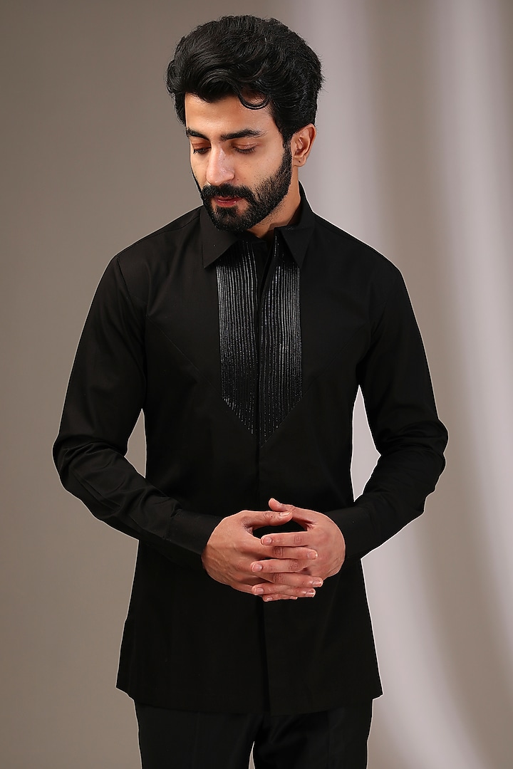 Black Cotton Satin Wedding Shirt by Amit Aggarwal Men at Pernia's Pop Up Shop