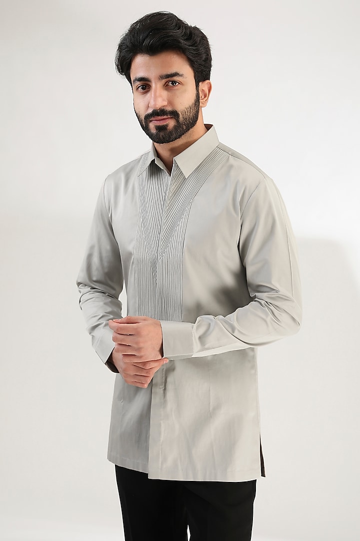 Grey Cotton Satin Wedding Shirt by Amit Aggarwal Men at Pernia's Pop Up Shop