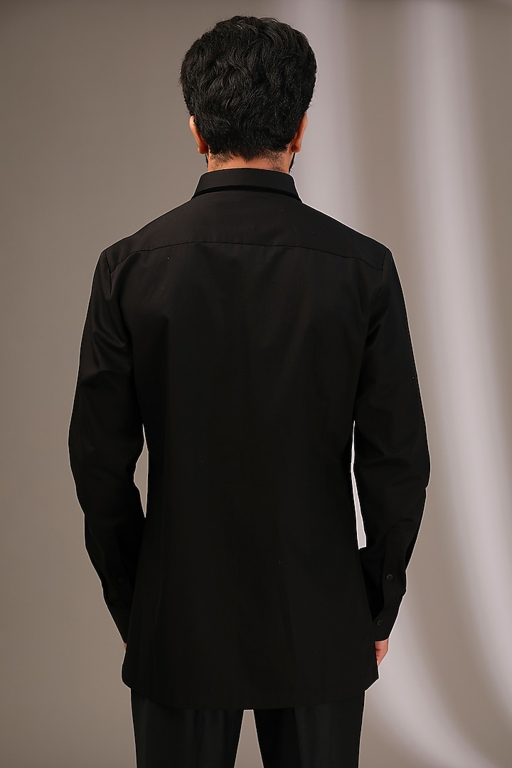 Black Cotton Satin Wedding Shirt by Amit Aggarwal Men at Pernia's Pop Up Shop