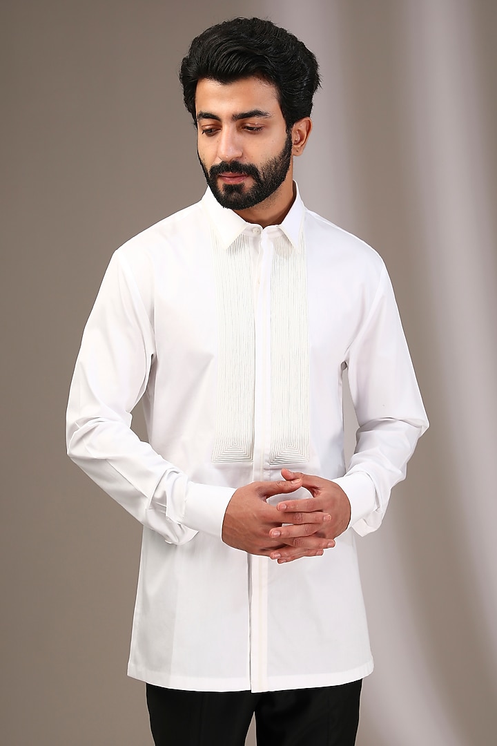 White Cotton Satin Wedding Shirt by Amit Aggarwal Men at Pernia's Pop Up Shop