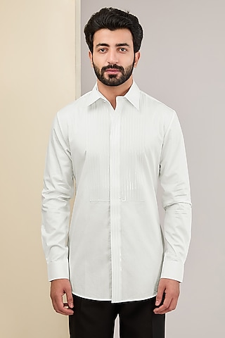 White Cotton Satin Shirt by Amit Aggarwal Men