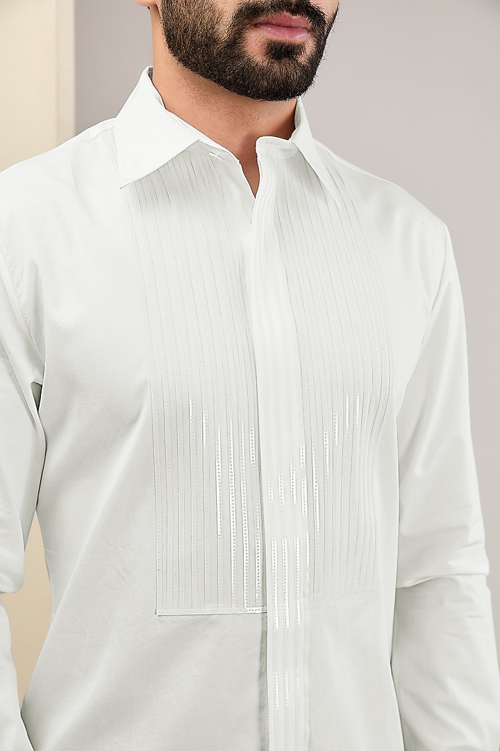 White Cotton Satin Wedding Shirt by Amit Aggarwal Men at Pernia's Pop Up Shop