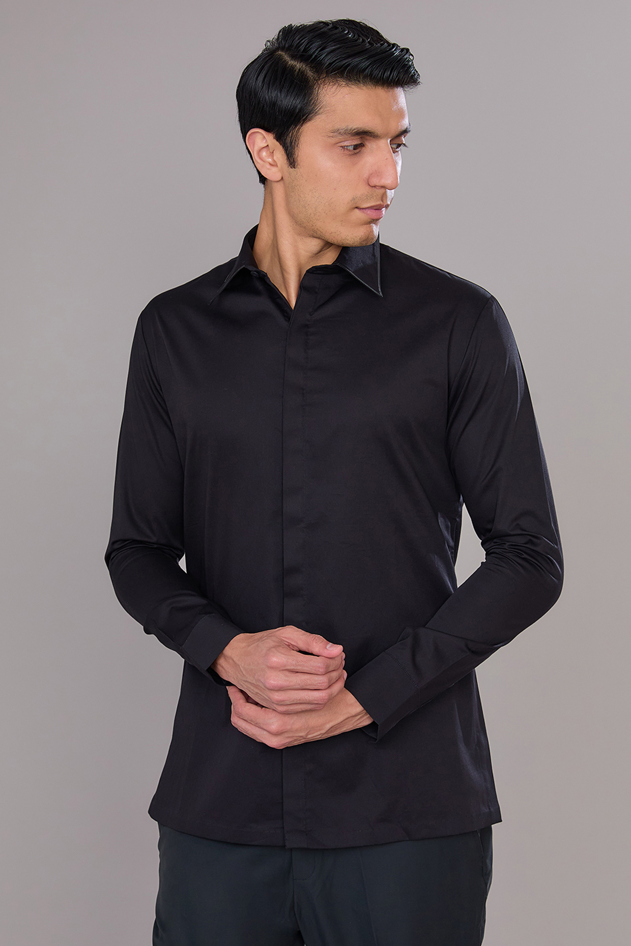 Black Cotton Satin Shirt by Amit Aggarwal Men