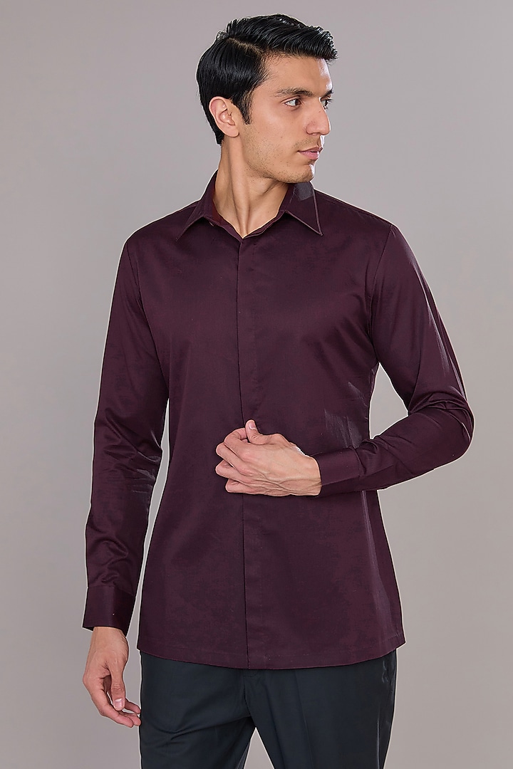 Plum Cotton Satin Shirt by Amit Aggarwal Men