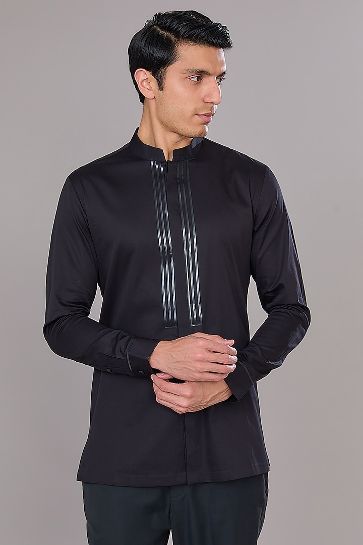 Black Cotton Satin Shirt by Amit Aggarwal Men