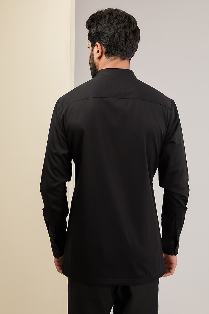 Black Cotton Satin Wedding Shirt by Amit Aggarwal Men at Pernia's Pop Up Shop