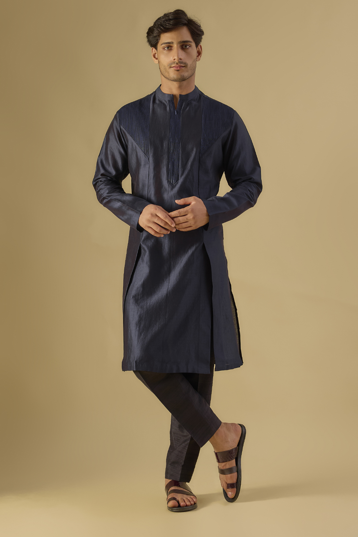 Ink Blue Chanderi Silk Kurta by Amit Aggarwal Men