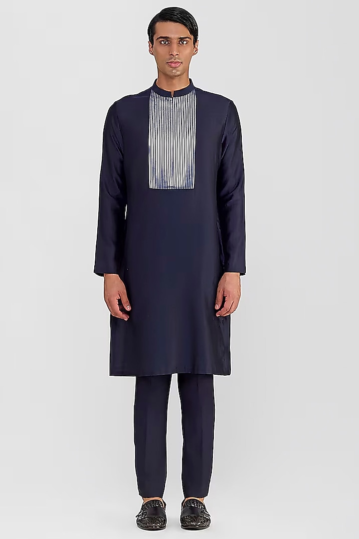 Ink Blue Chanderi Silk Kurta by Amit Aggarwal Men at Pernia's Pop Up Shop