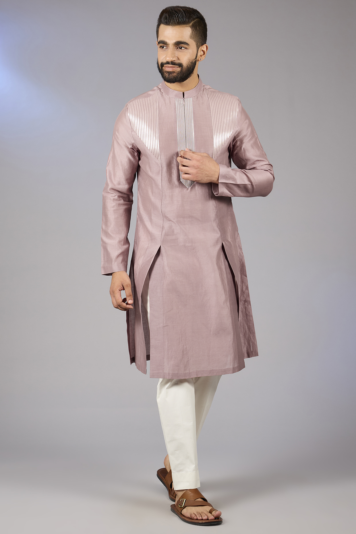Onion Pink Chanderi Silk Kurta Set by Amit Aggarwal Men
