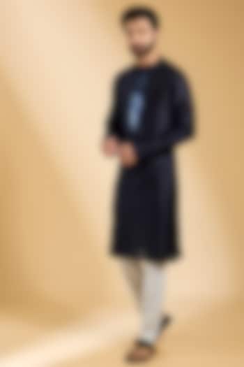 Ink Blue Silk & Chanderi Kurta by Amit Aggarwal Men