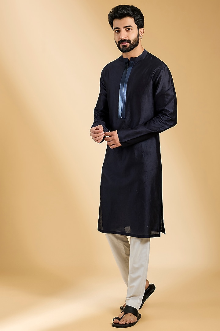 Ink Blue Silk & Chanderi Kurta by Amit Aggarwal Men