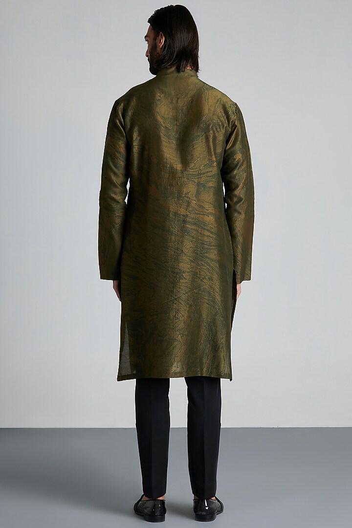 Olive Green Chanderi Hand Embroidered Kurta Set by Amit Aggarwal Men at Pernia's Pop Up Shop