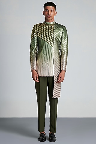 Olive Beige Ombre Mesh Hand Embroidered Bandhgala Set by Amit Aggarwal Men
