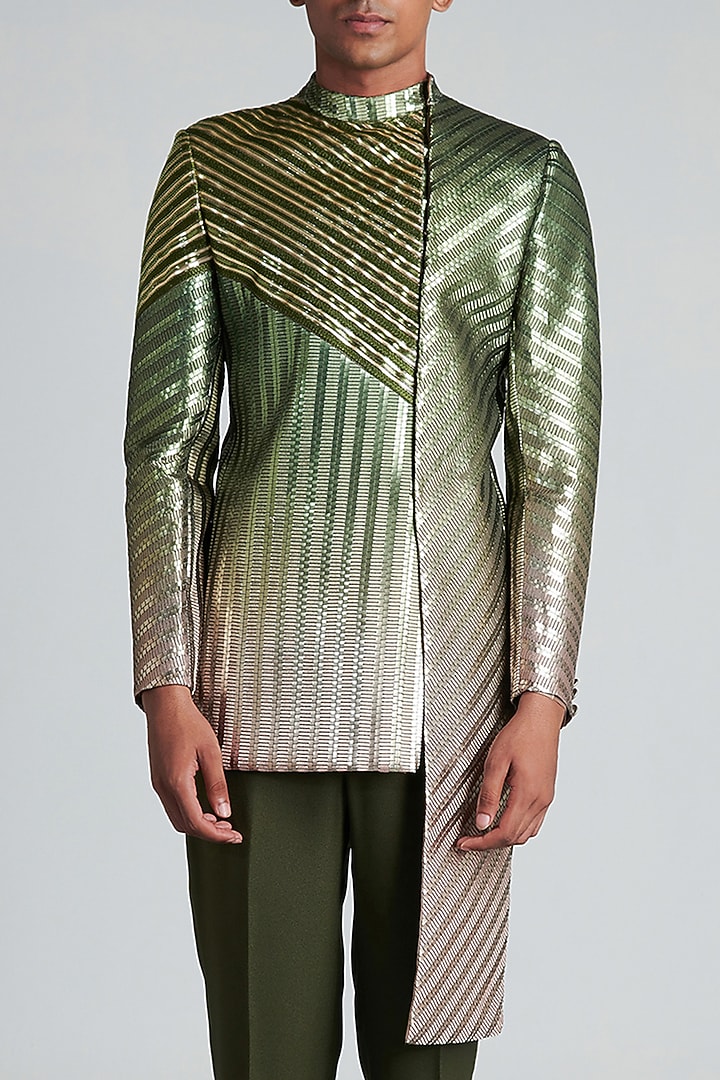 Olive Beige Ombre Mesh Hand Embroidered Groom Bandhgala Set by Amit Aggarwal Men at Pernia's Pop Up Shop