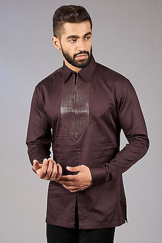 Wine Satin Cotton Shirt by Amit Aggarwal Men