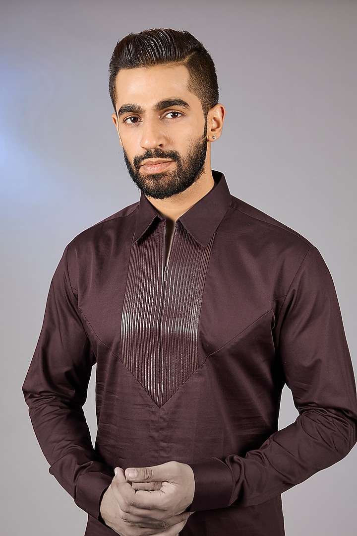 Wine Satin Cotton Wedding Shirt by Amit Aggarwal Men at Pernia's Pop Up Shop