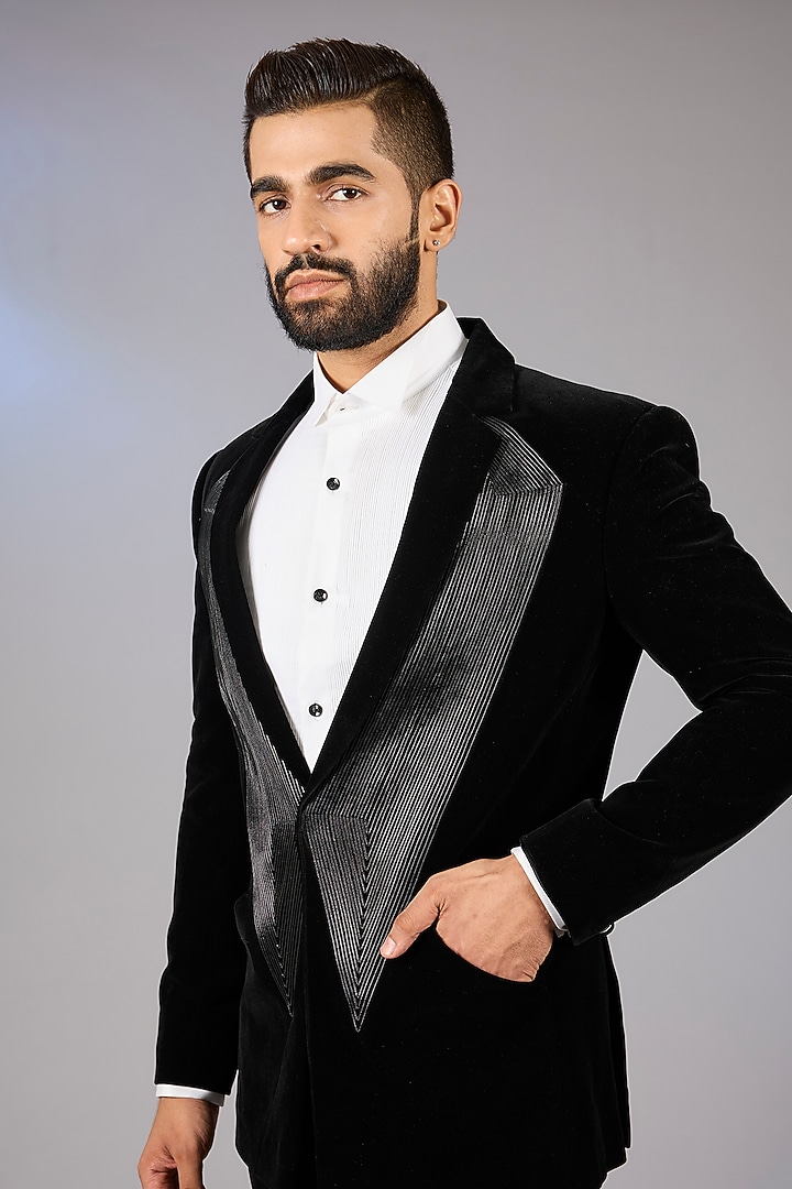 Black Velvet Metallic Tuxedo Set by Amit Aggarwal Men at Pernia's Pop Up Shop