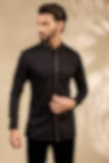 Black Cotton Satin Wedding Shirt by Amit Aggarwal Men at Pernia's Pop Up Shop