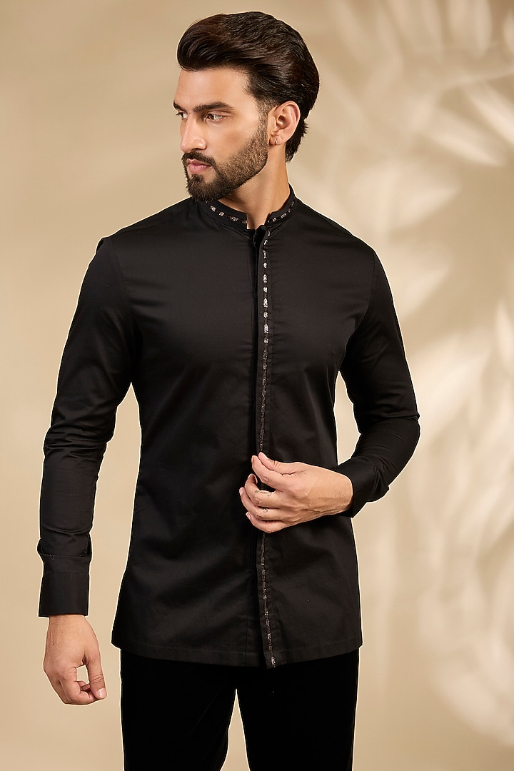 Black Cotton Satin Wedding Shirt by Amit Aggarwal Men at Pernia's Pop Up Shop