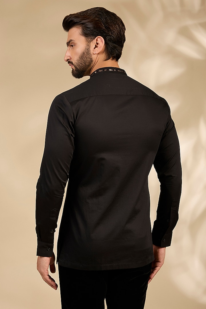 Black Cotton Satin Wedding Shirt by Amit Aggarwal Men at Pernia's Pop Up Shop