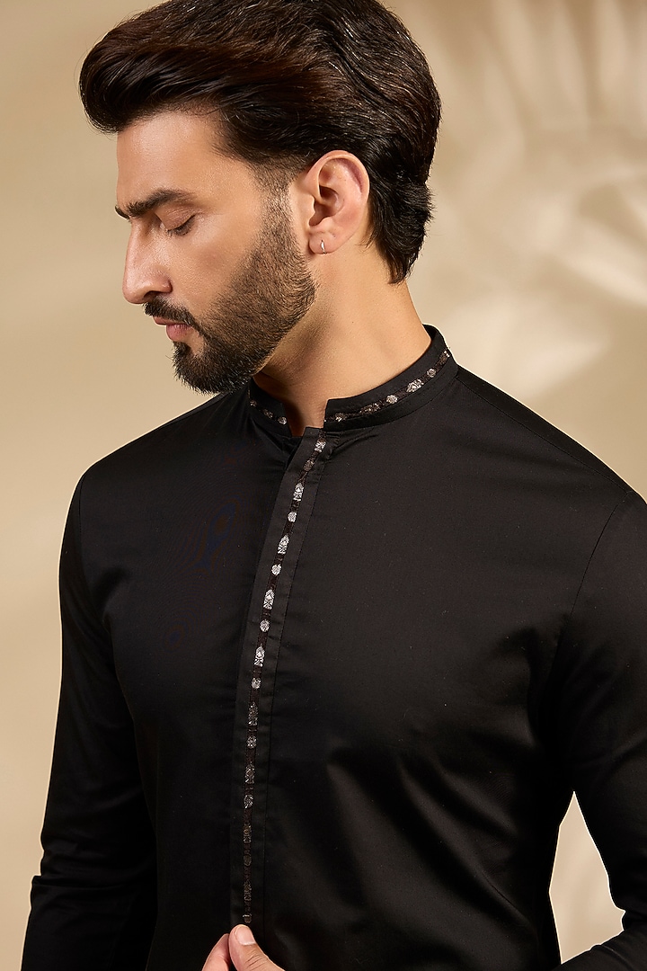 Black Cotton Satin Wedding Shirt by Amit Aggarwal Men at Pernia's Pop Up Shop