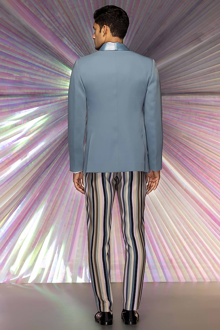 Pastel Blue Cotton Satin Pant Set With Metallic Jacket by Amit Aggarwal Men at Pernia's Pop Up Shop