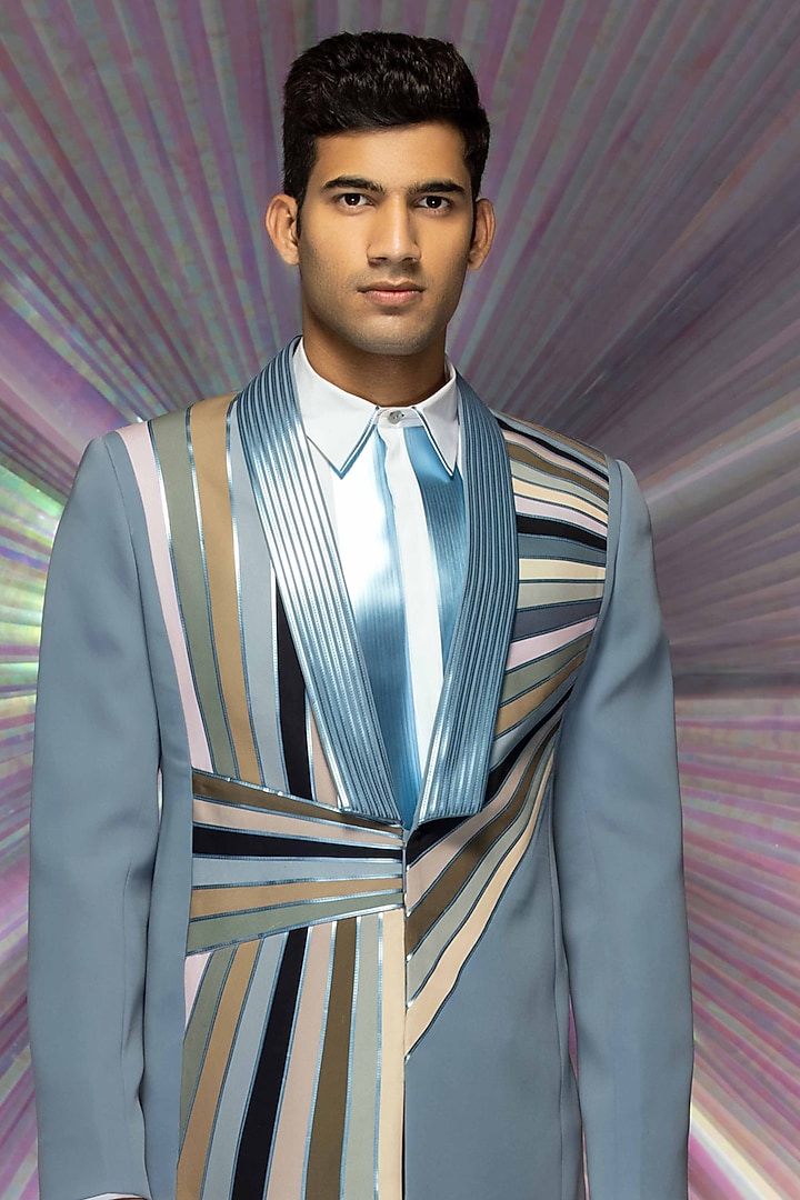 Pastel Blue Cotton Satin Pant Set With Metallic Jacket by Amit Aggarwal Men at Pernia's Pop Up Shop