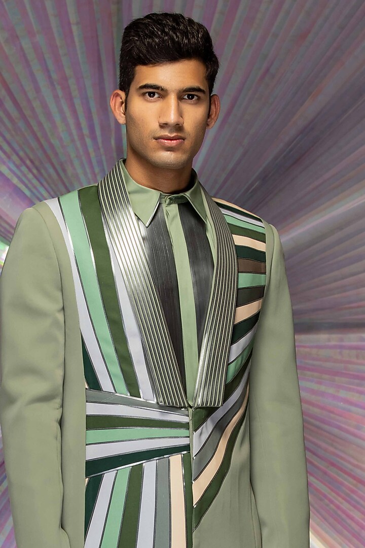 Pastel Green Cotton Satin Pant Set With Metallic Jacket by Amit Aggarwal Men at Pernia's Pop Up Shop