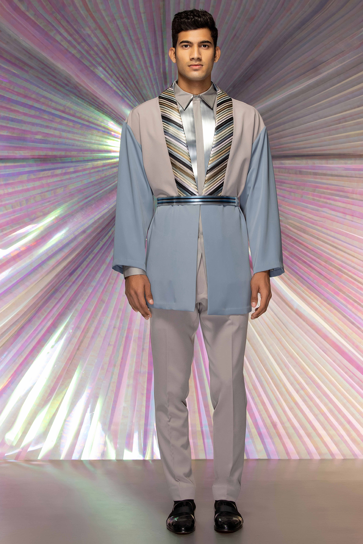 Pastel Blue Banana Crepe Kimono Set With Belt by Amit Aggarwal Men