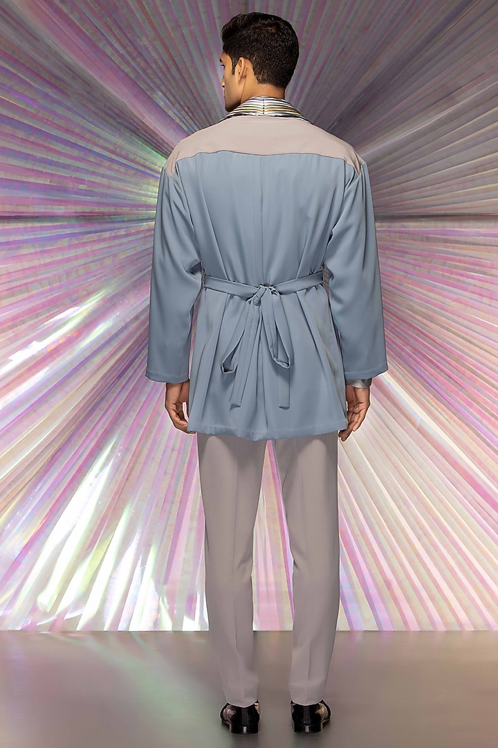 Pastel Blue Banana Crepe Kimono Set With Belt by Amit Aggarwal Men at Pernia's Pop Up Shop