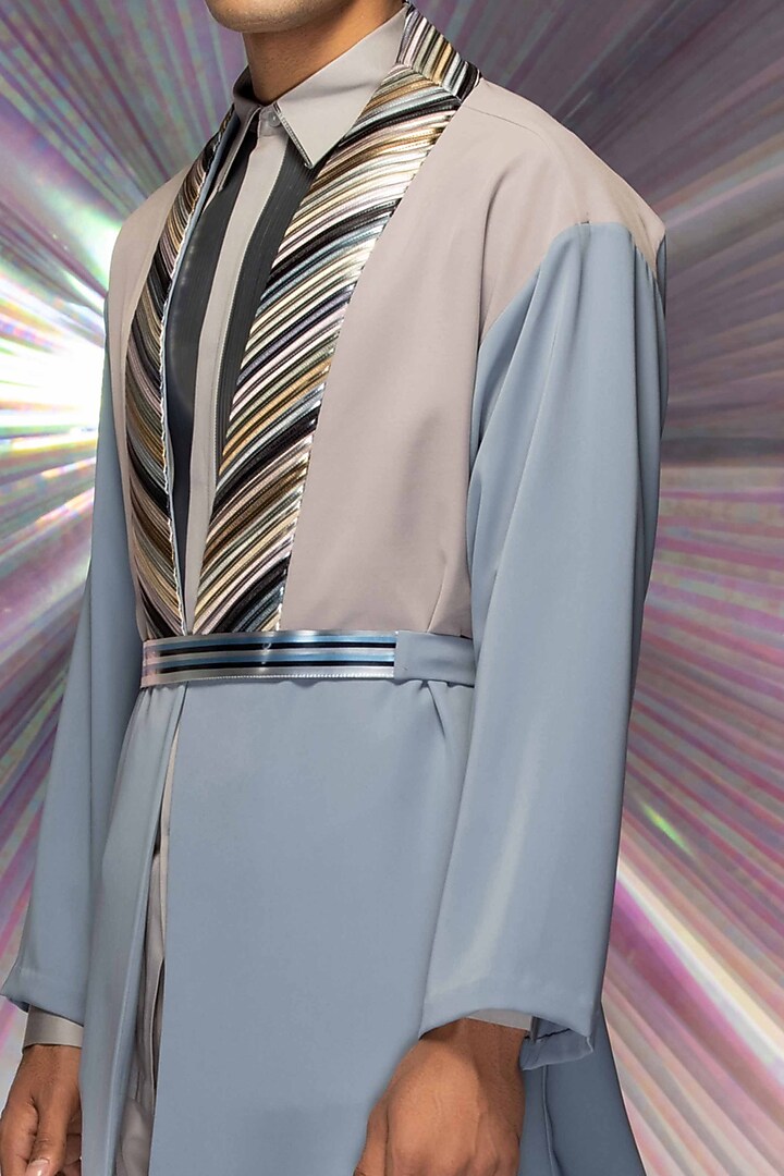 Pastel Blue Banana Crepe Kimono Set With Belt by Amit Aggarwal Men at Pernia's Pop Up Shop