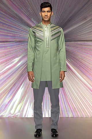 Pastel Green Cotton Satin Longline Shirt by Amit Aggarwal Men