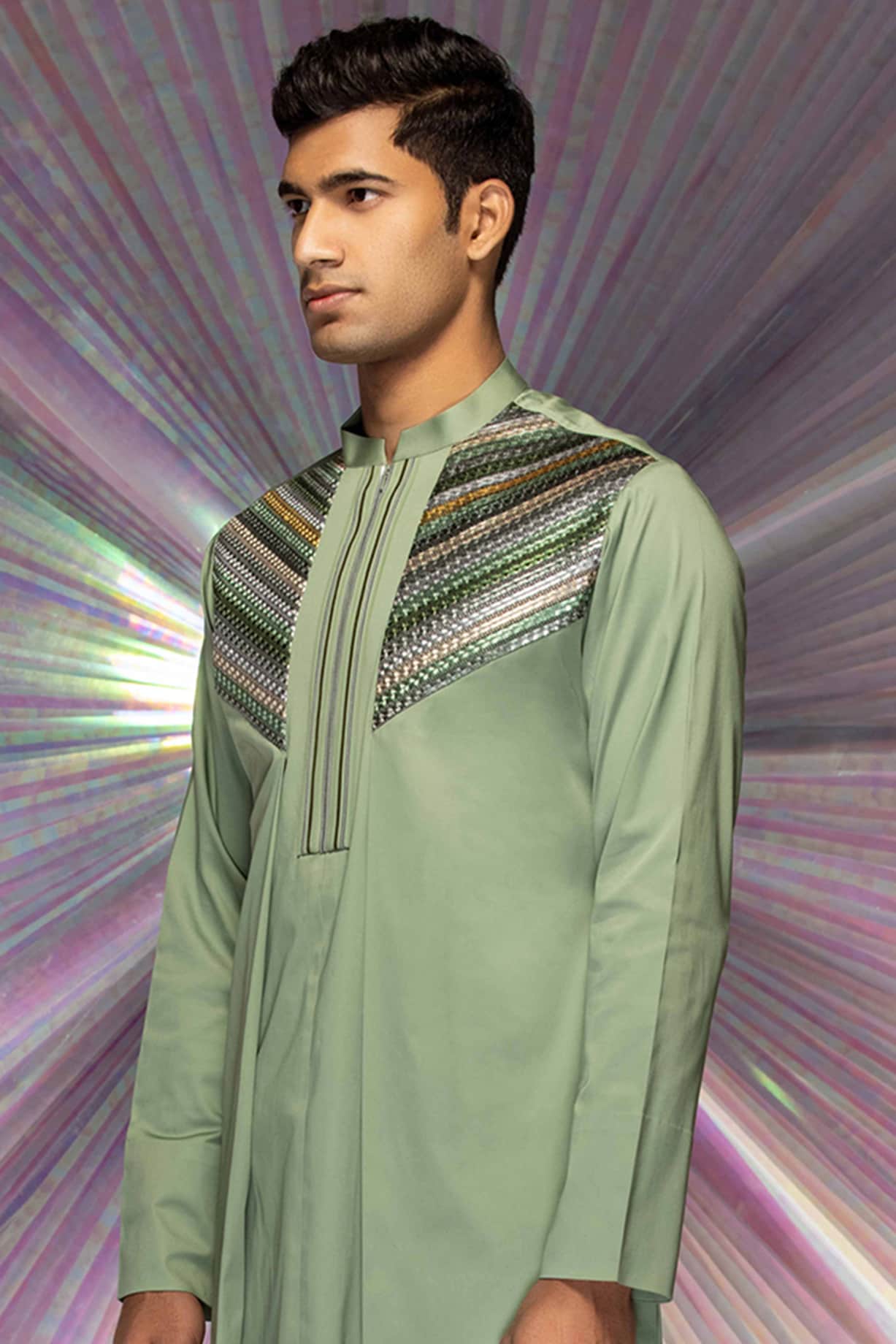 Pastel Green Cotton Satin Longline Shirt by Amit Aggarwal Men