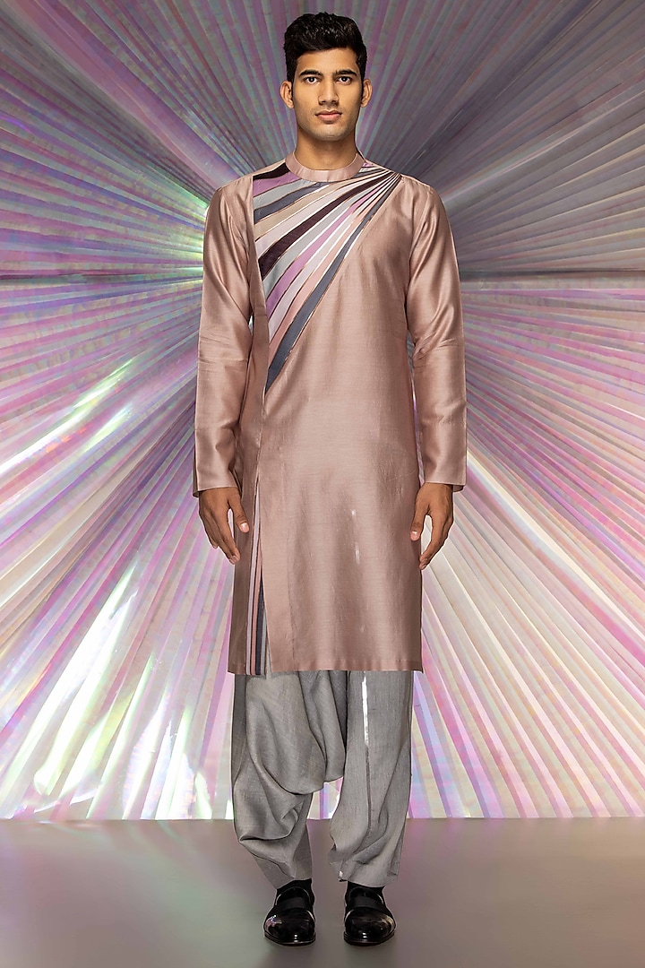 Pink Silk Chanderi Kurta by Amit Aggarwal Men