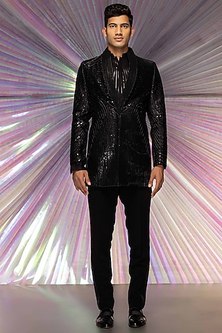 Black Chanderi Blazer Set by Amit Aggarwal Men