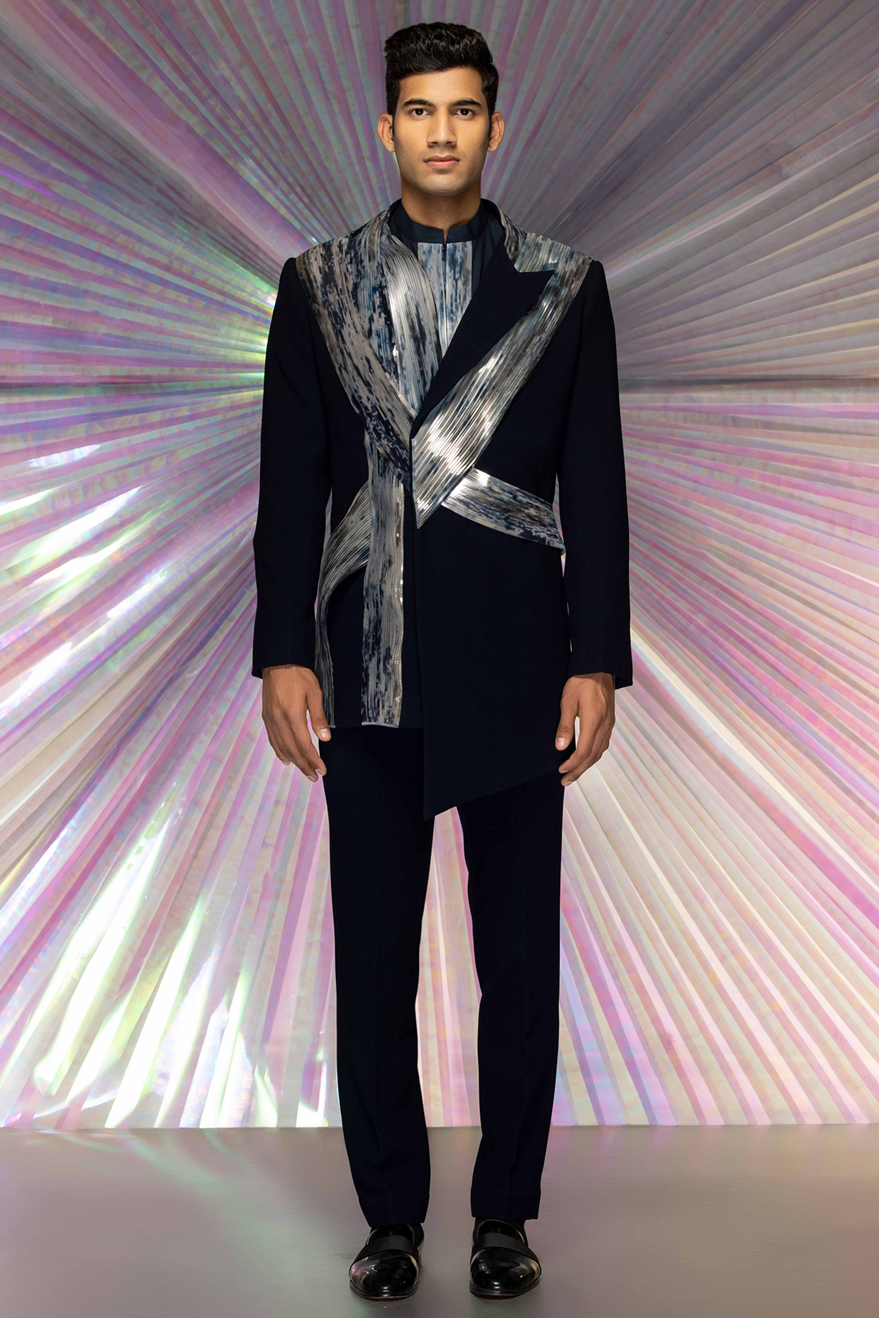 Black Stretch Crepe Pant Set With Jacket by Amit Aggarwal Men at Pernia's Pop Up Shop