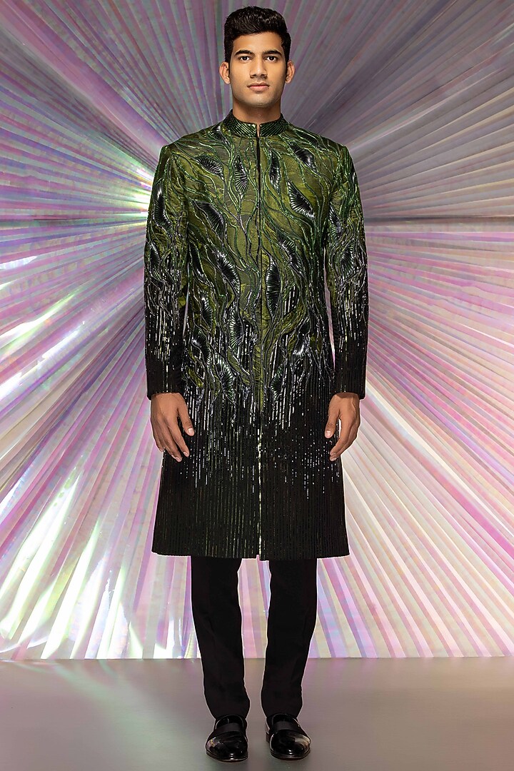 Black & Green Silk Groom Sherwani Set by Amit Aggarwal Men at Pernia's Pop Up Shop