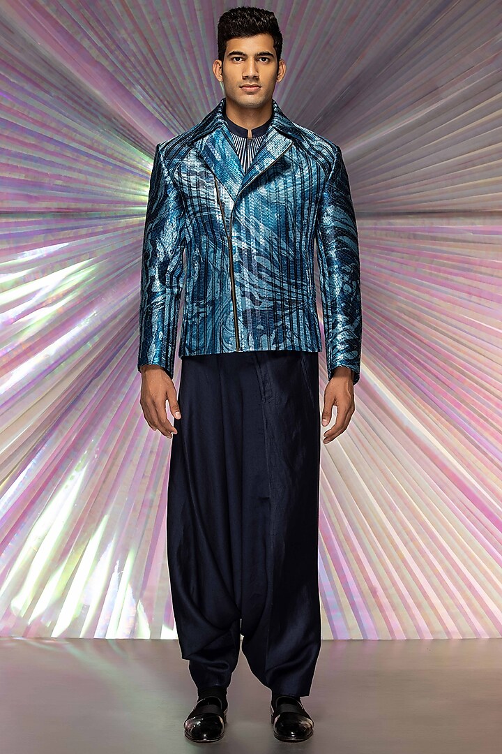 Ink Blue Satin Linen Pant Set With Bomber Jacket by Amit Aggarwal Men