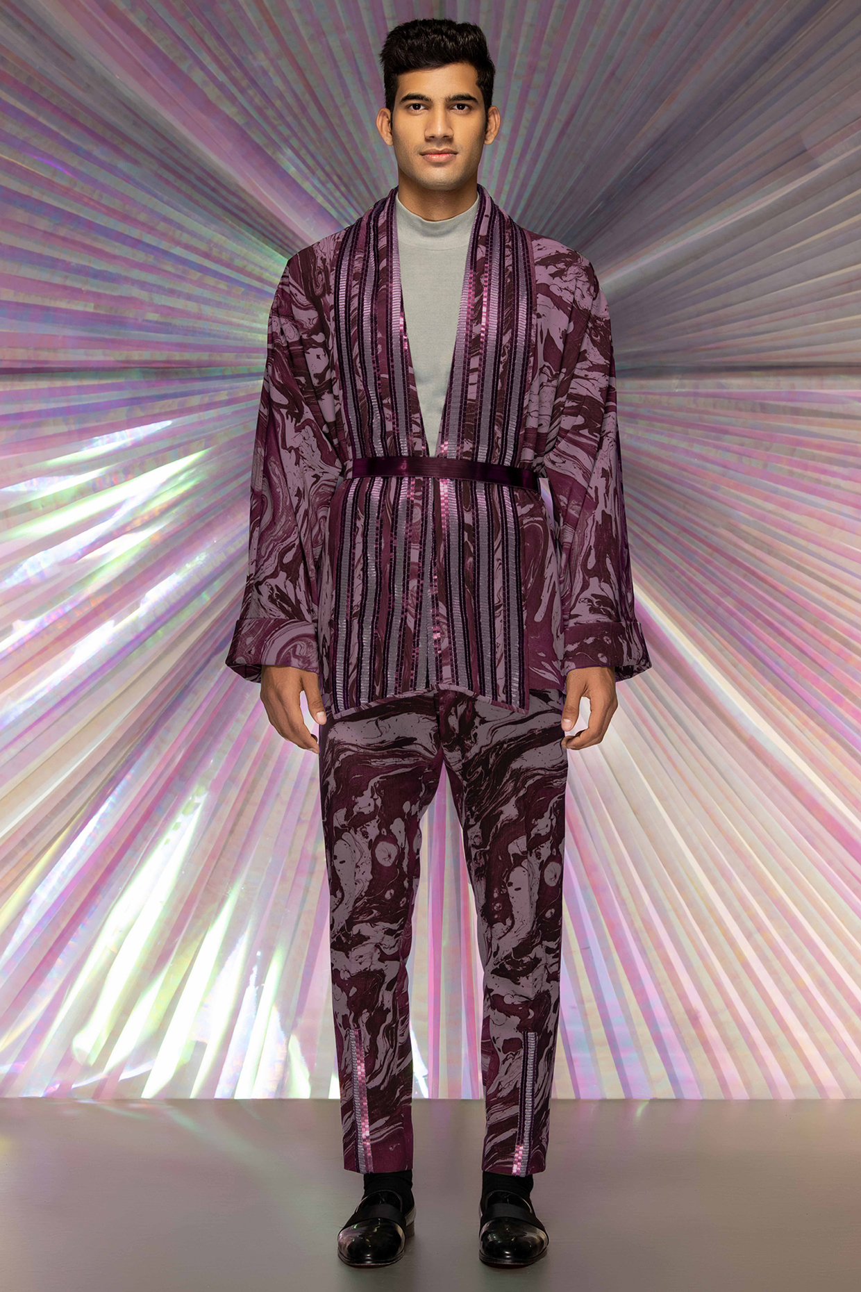 Wine Satin Crepe Pant Set by Amit Aggarwal Men at Pernia's Pop Up Shop
