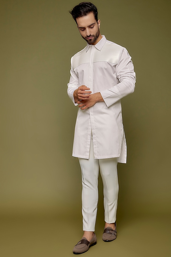 White Cotton Satin & Metallic Polymer Pant Set by Amit Aggarwal Men