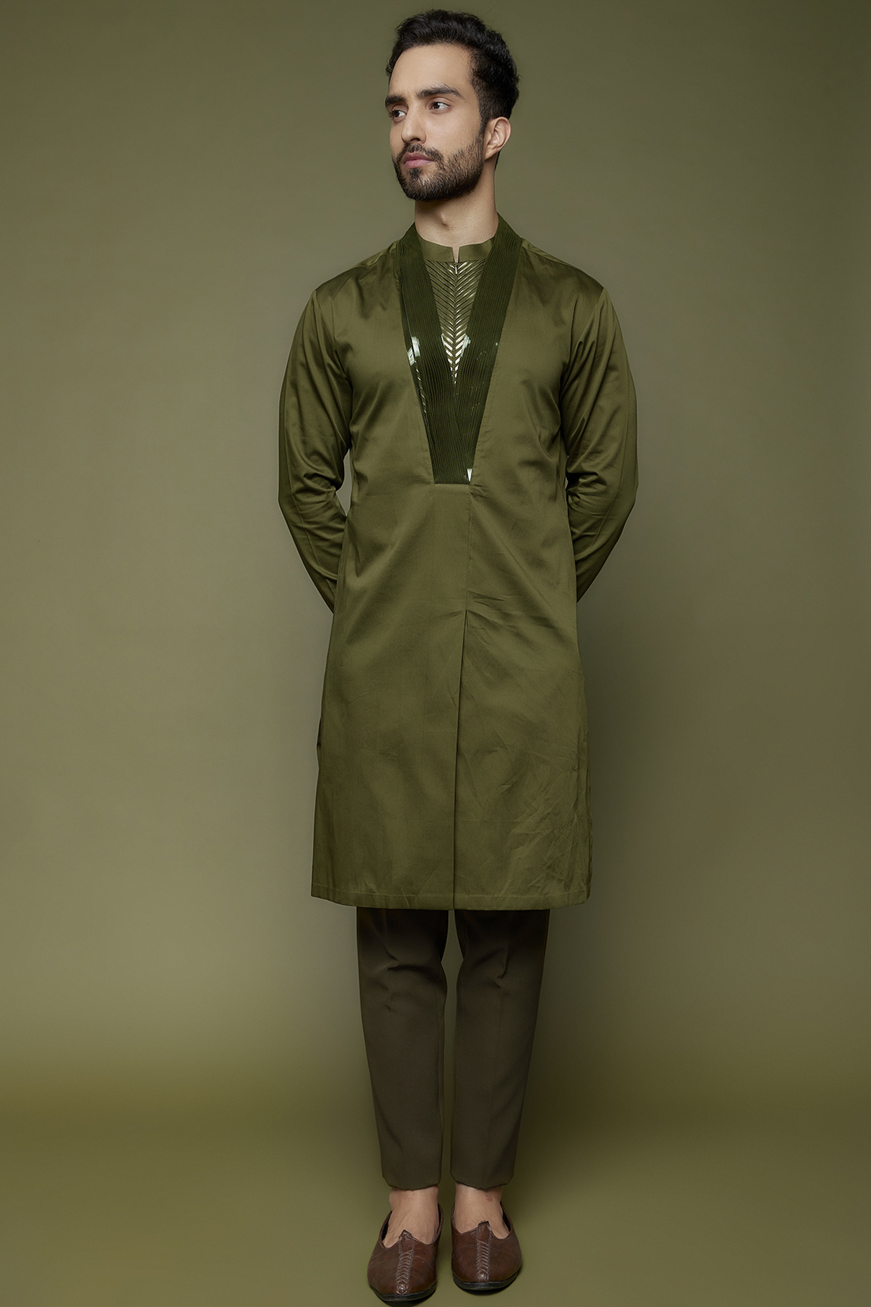 Olive Green Silk & Chanderi Kurta Set by Amit Aggarwal Men