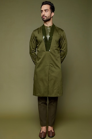 Olive Green Silk & Chanderi Kurta Set by Amit Aggarwal Men